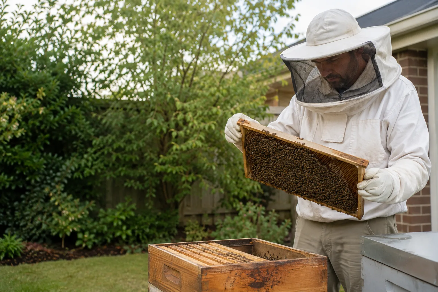 Beekeeper carefully inspecting a honey-bee hive frame